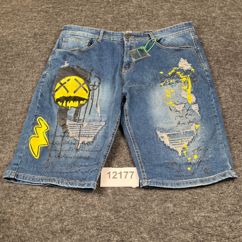 Rock Salt Shorts Mens 42 Blue Graphic Print Distressed Cotton Stretch Streetwear